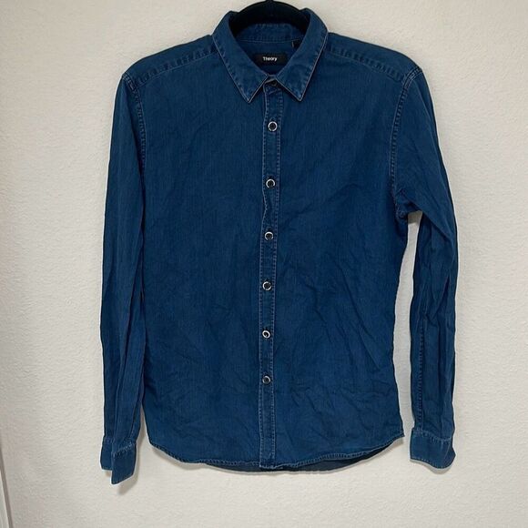 Theory Mens Blue Denim Long Sleeve 100% Cotton Button Up Shirt Size Small - Picture 1 of 6